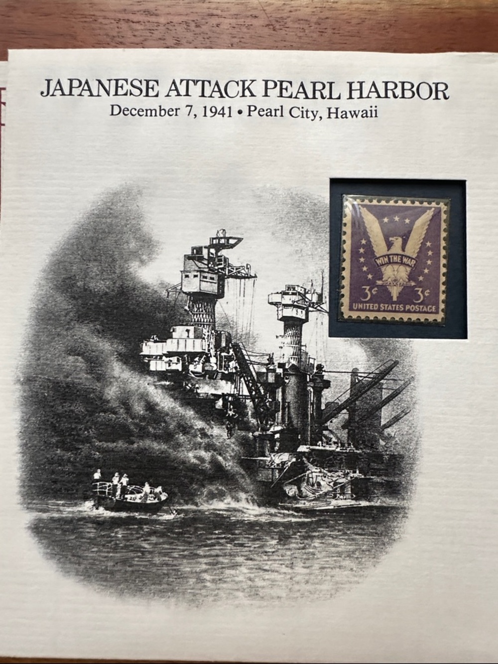 Japanese Attack Pearl Harbor Commemorative Print with Vintage US Stamp - Cream